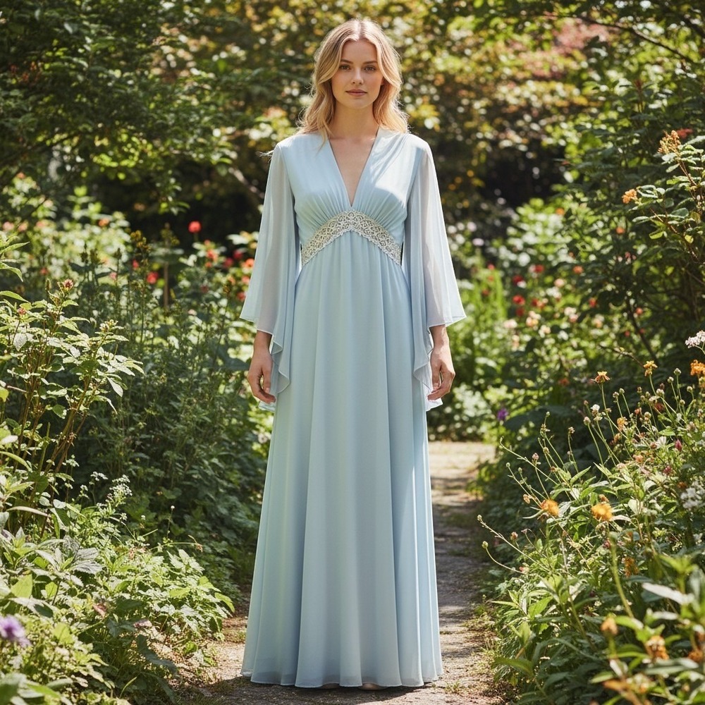 Vintage 70's Blue Butterfly Angel Sleeve Maxi Dress Evening Formal Empire Waist